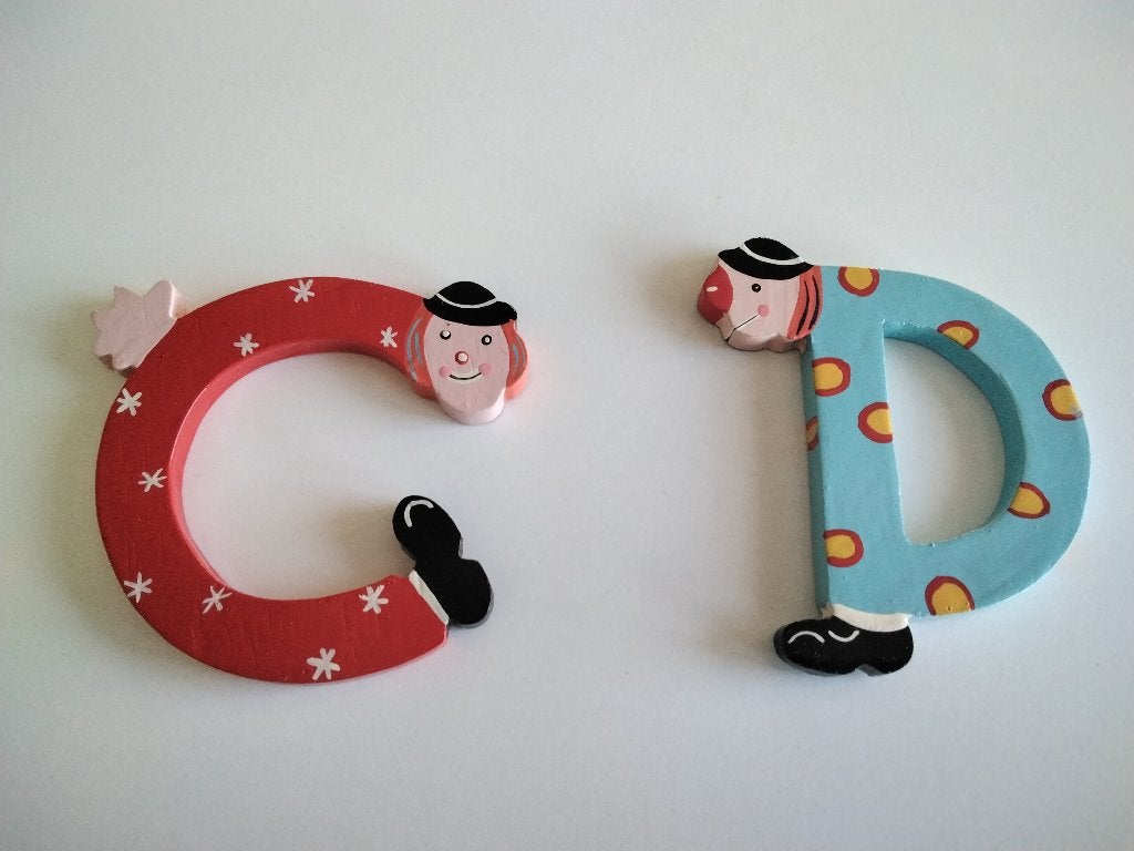 2 Lettres décoratives enfants en bois laqué - JANOD (C - D), Enlèvement ou Envoi, Autres marques, Comme neuf, Décoration murale