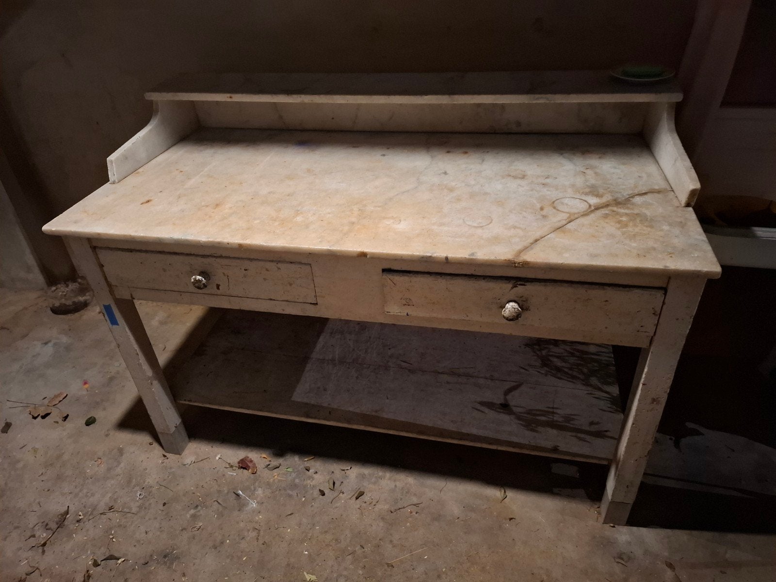 Ancienne table de cuisine en bois avec plateau en marbre, Enlèvement