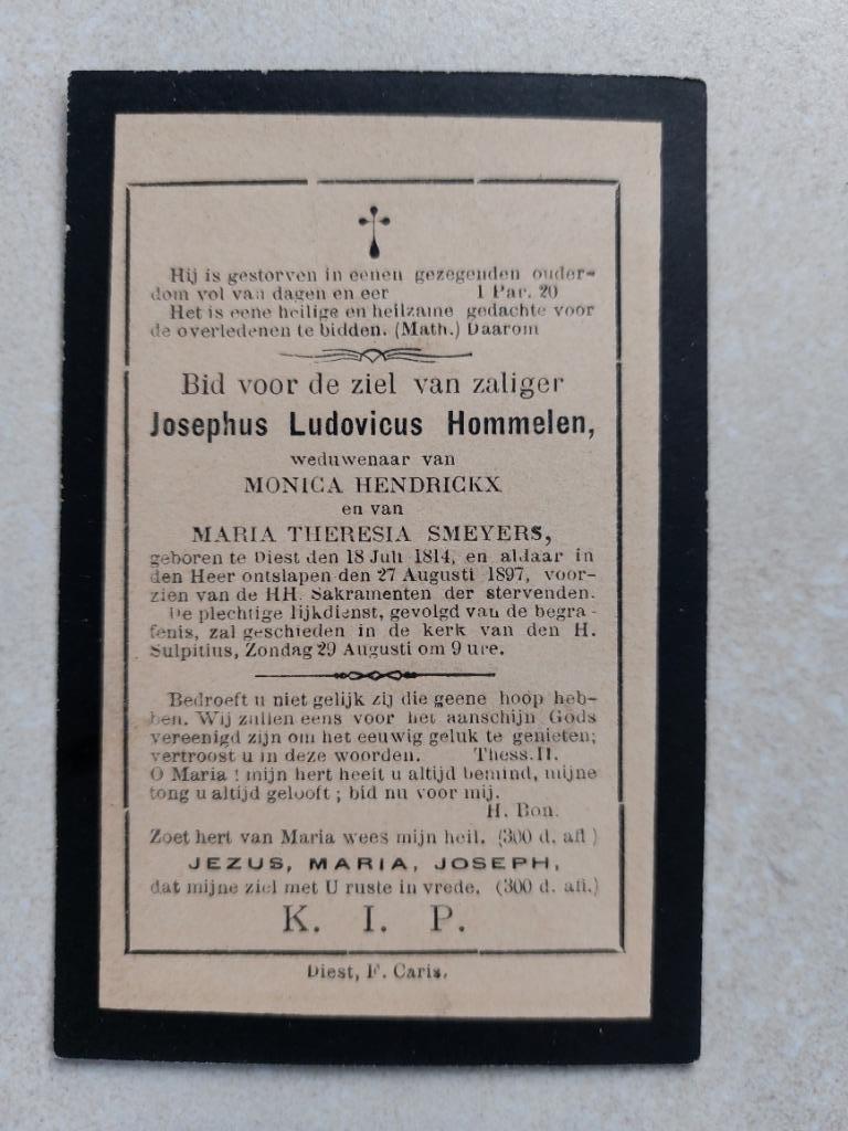bidprentje Diest 1814-1897, Verzamelen, Bidprentjes en Rouwkaarten, Verzenden, Bidprentje