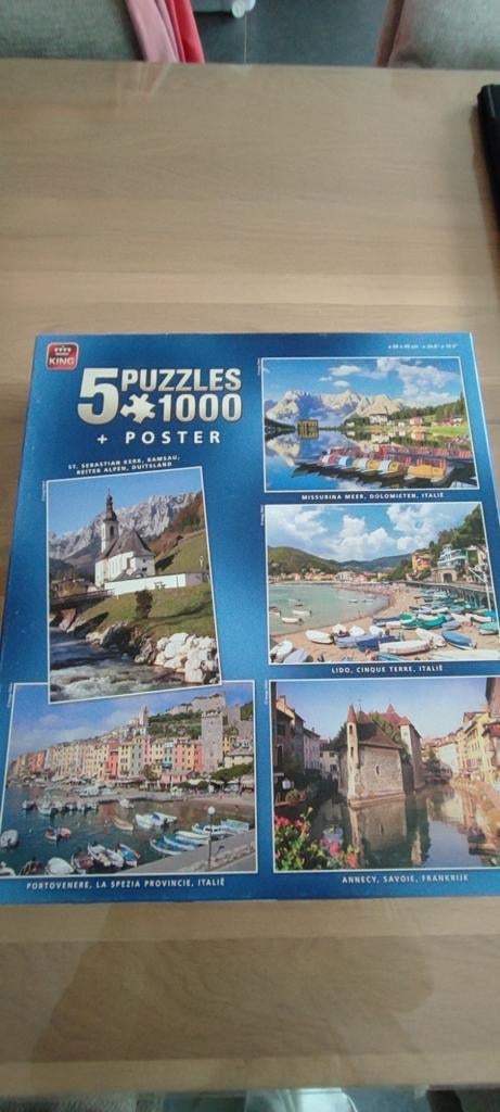 king 5 puzzels van 1000stukjes met posters, Enlèvement ou Envoi, 500 à 1500 pièces, Comme neuf, Puzzle