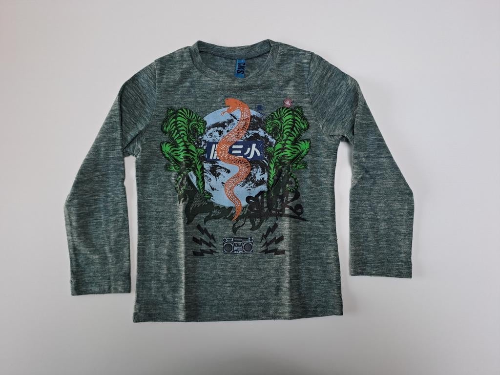 Mt 3j Groen gemeleerde T-shirt lange mouwen tijgers, slang, Kinderen en Baby's, Kinderkleding | Maat 98, Zo goed als nieuw, Jongen