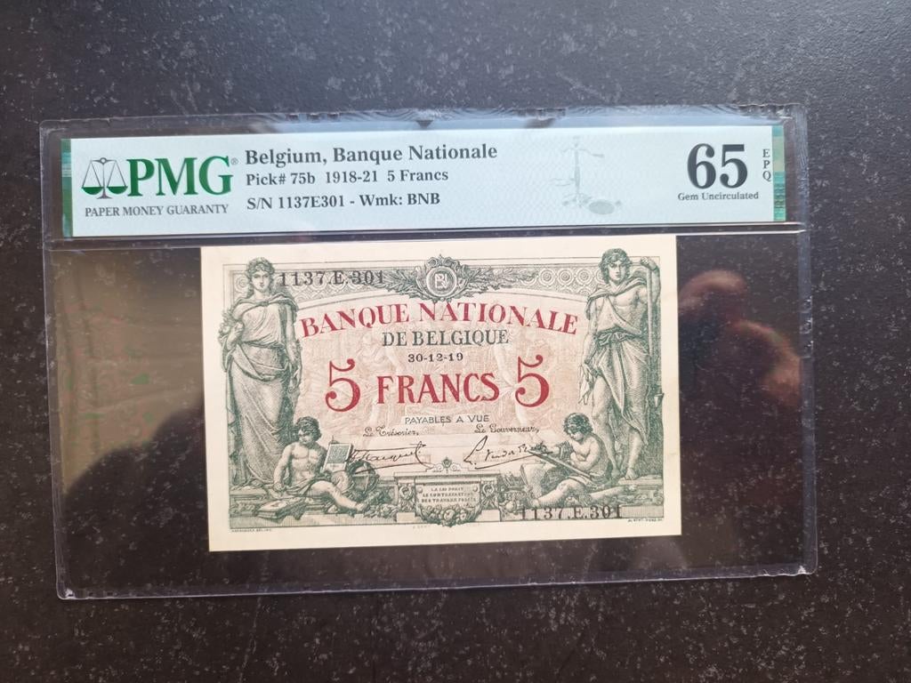 Topkwaliteit FDC 5 Francs Brussel 30-12-1919 PMG65 EPQ, Ophalen of Verzenden, Los biljet