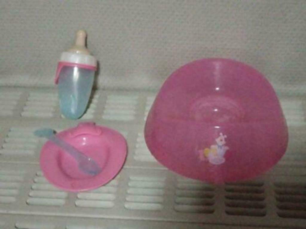 Potje, papfles en bord met lepel voor pop + fietszitje, Kinderen en Baby's, Ophalen of Verzenden, Zo goed als nieuw, Babypop