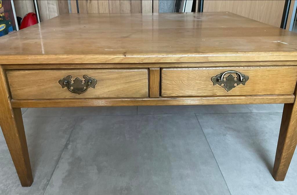 Eiken salontafel met 2 laden Prijs overeen te komen, Huis en Inrichting, Tafels | Salontafels, Ophalen, Gebruikt, 50 tot 100 cm