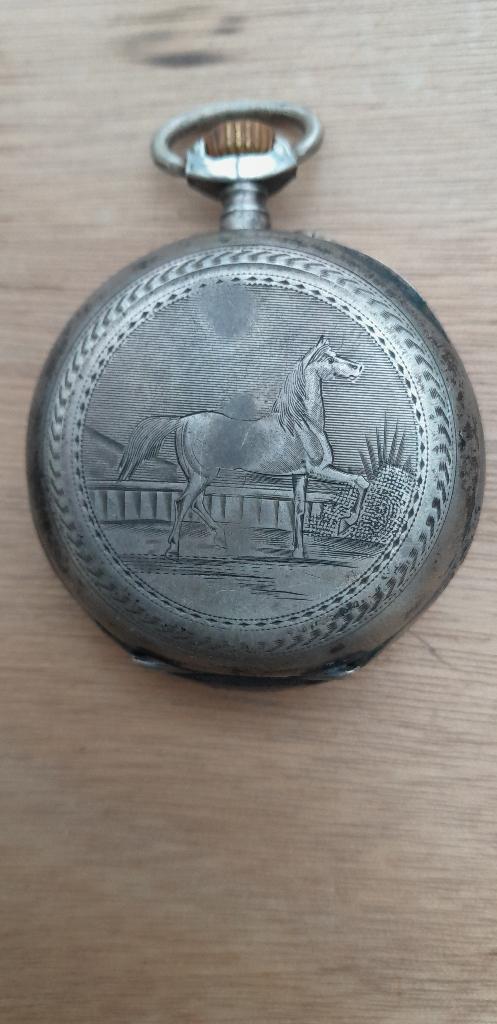 Mooie zakhorloge met afbeelding paard - 0.800 stempel, Antiek en Kunst, Ophalen of Verzenden