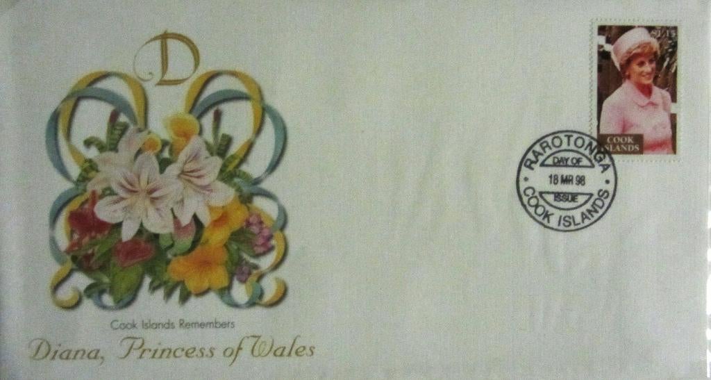 GROTE FDC- PRINSES DIANA MET POSTZEGEL COOK ISLANDS, Ophalen of Verzenden, Gestempeld, Koningshuis