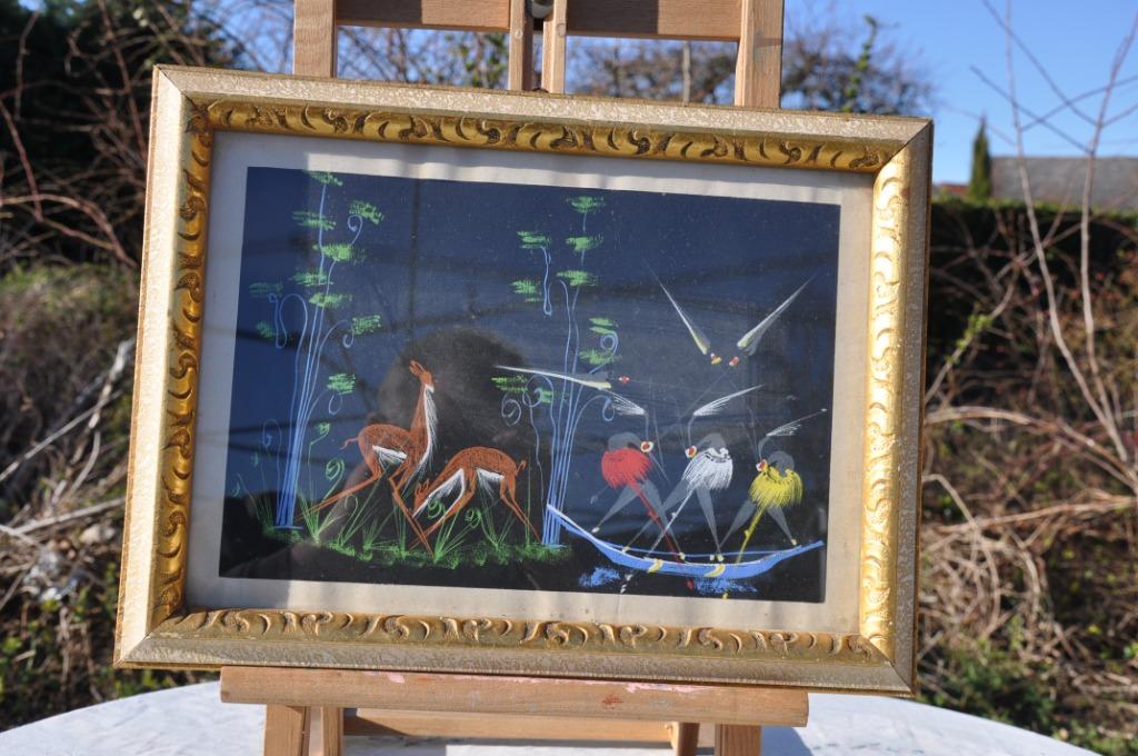 tableau gouache sur bristol noir cadre doré, Antiquités & Art, Art | Autres Art, Enlèvement ou Envoi