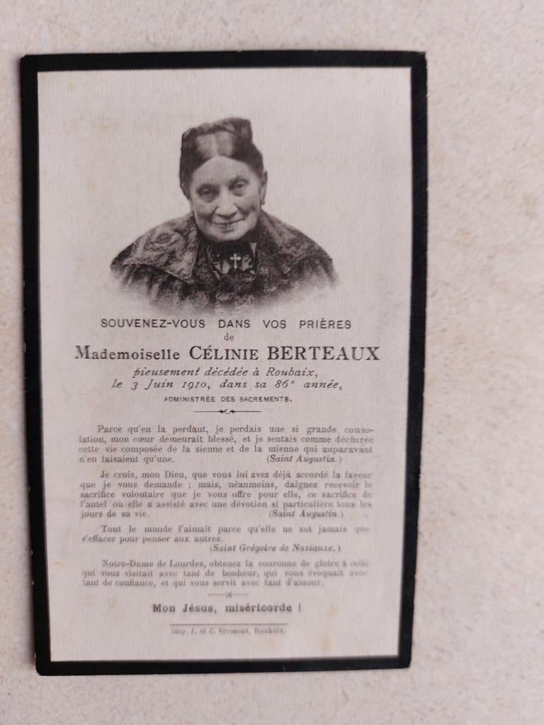 Carte de prière 1824-1910 Roubaix - Célinie Berteaux, Enlèvement ou Envoi, Image pieuse