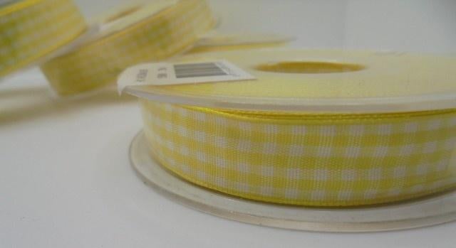 LINT SATIJN SATIJNLINT GEEL WIT GEBLOKT 15 MM 25 MTR NIEUW, Hobby en Vrije tijd, Ophalen of Verzenden, Nieuw, Lint, Band of Elastiek