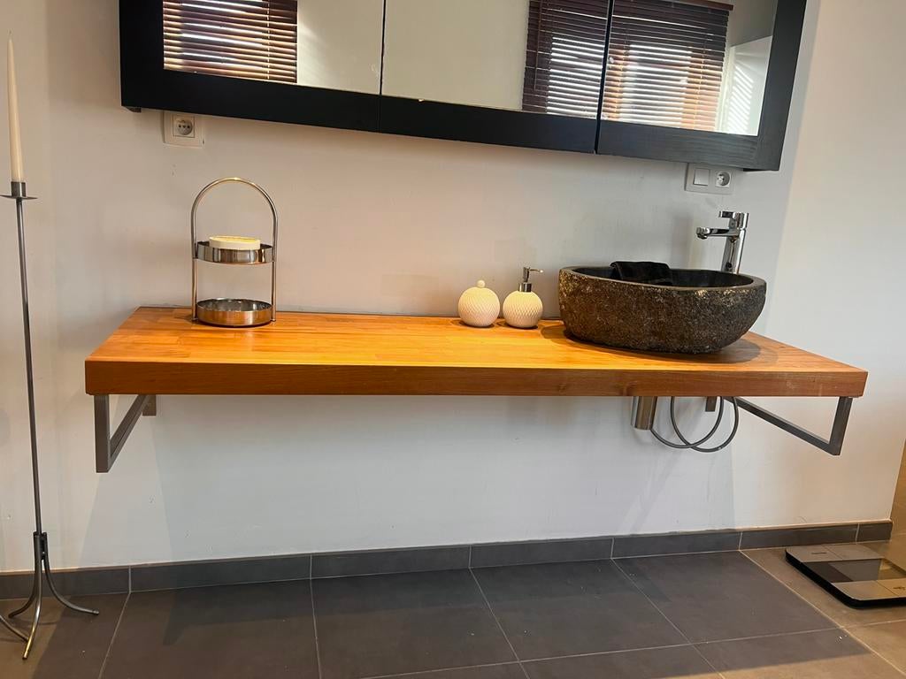 Meuble de salle de bain en teck massif avec vasque en pierre, Enlèvement, Comme neuf, Meuble lavabo