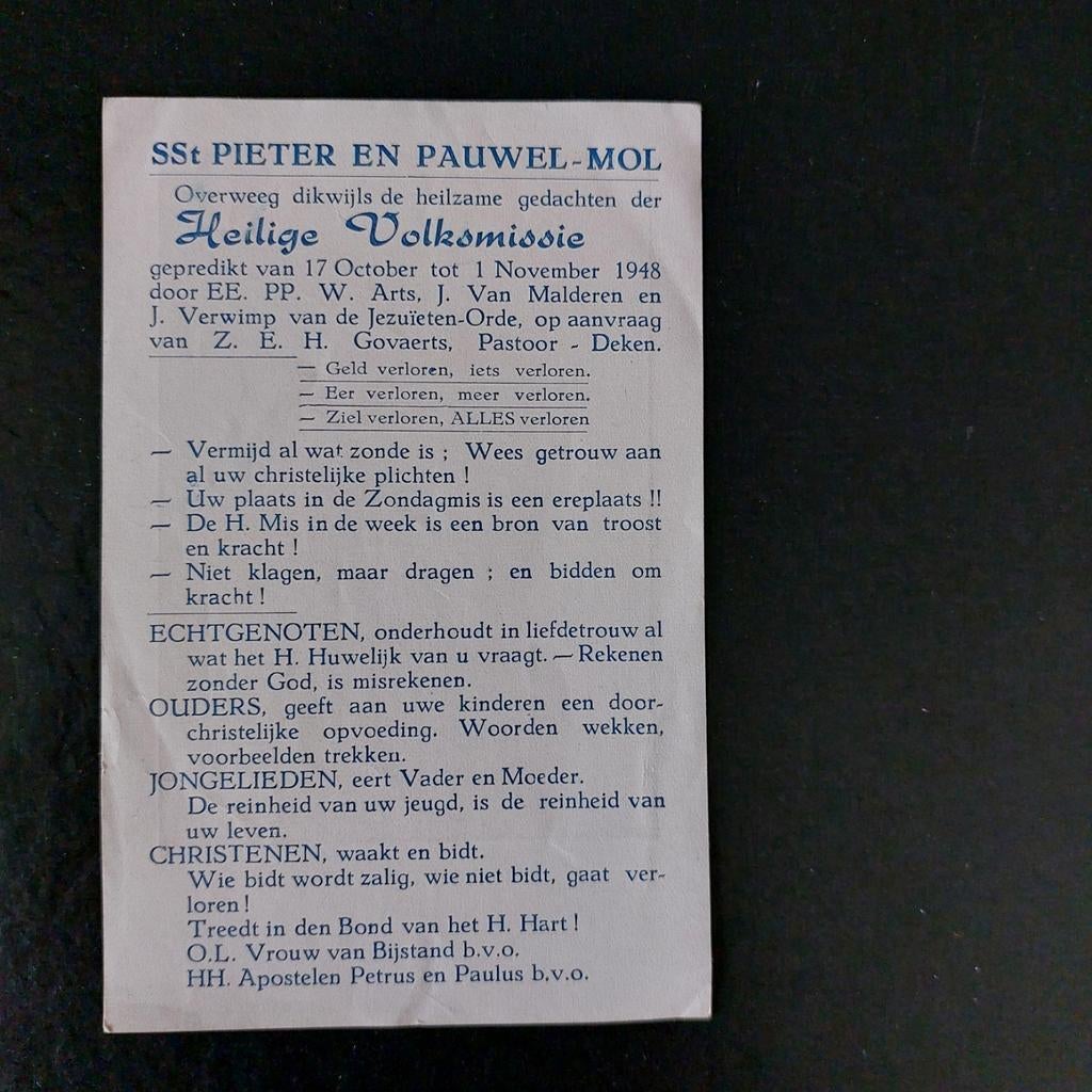 Bidprentje Mol : H. Volksmissie 1948, Verzamelen, Bidprentjes en Rouwkaarten, Ophalen of Verzenden, Bidprentje