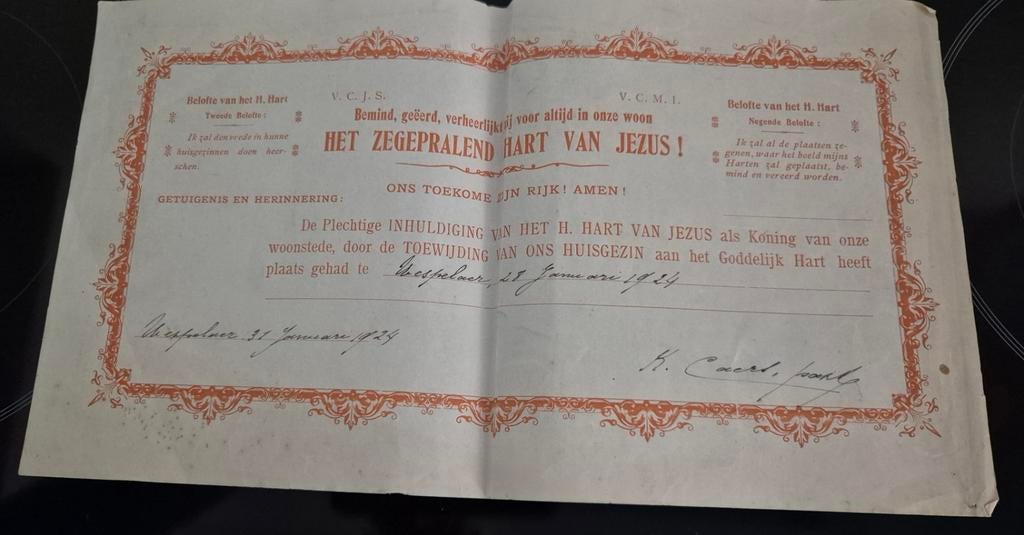 Oud document toewijding aan het Heilighart van Jezus 1924, Postzegels en Munten, Ophalen