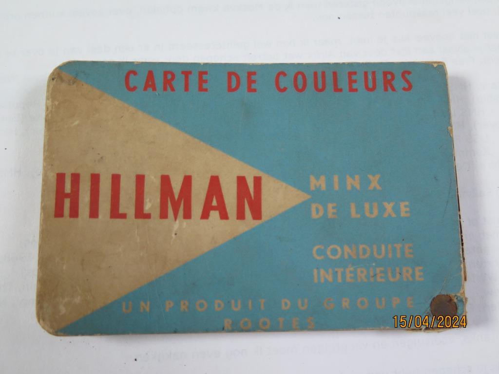 ÉCHANTILLONS DE COULEURS HILLMAN MINX, Envoi