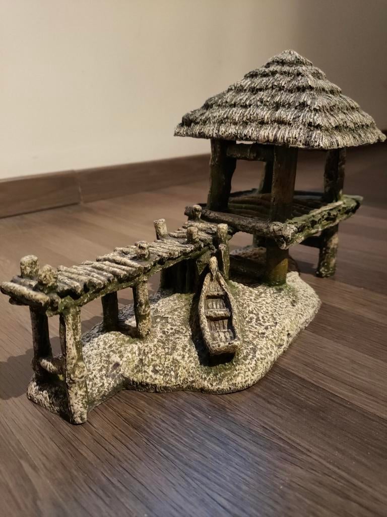 Aquarium decoratie – hutje met steiger en boot, Ophalen, Nieuw