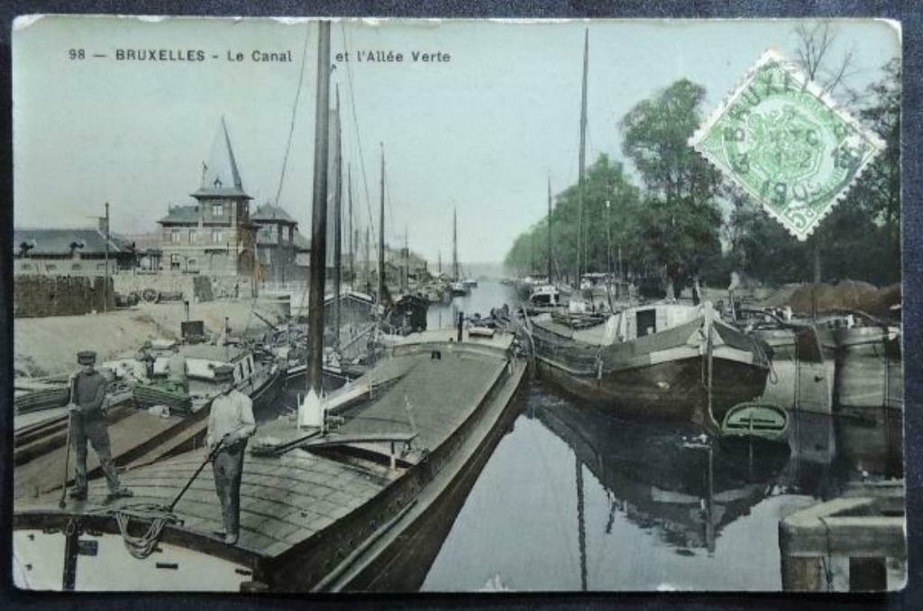 Bruxelles Le canal et allée verte avec péniches, Collections, Enlèvement ou Envoi, Avant 1920, Affranchie, Bruxelles (Capitale)