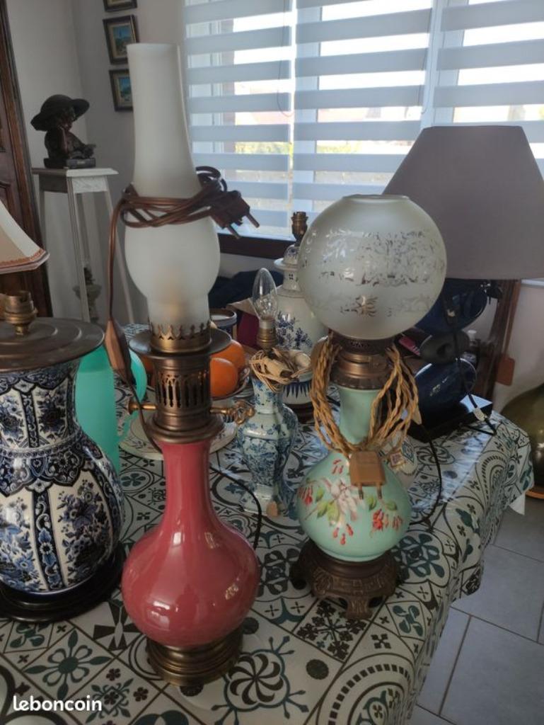Lampe ancienne style quinquet, Ancien, Comme neuf, Verre, Enlèvement