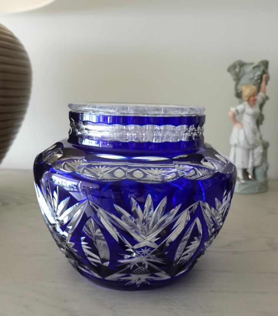 Ancien VASE VAL St LAMBERT  Bleu cobalt  avec Pique-Fleurs, Enlèvement ou Envoi
