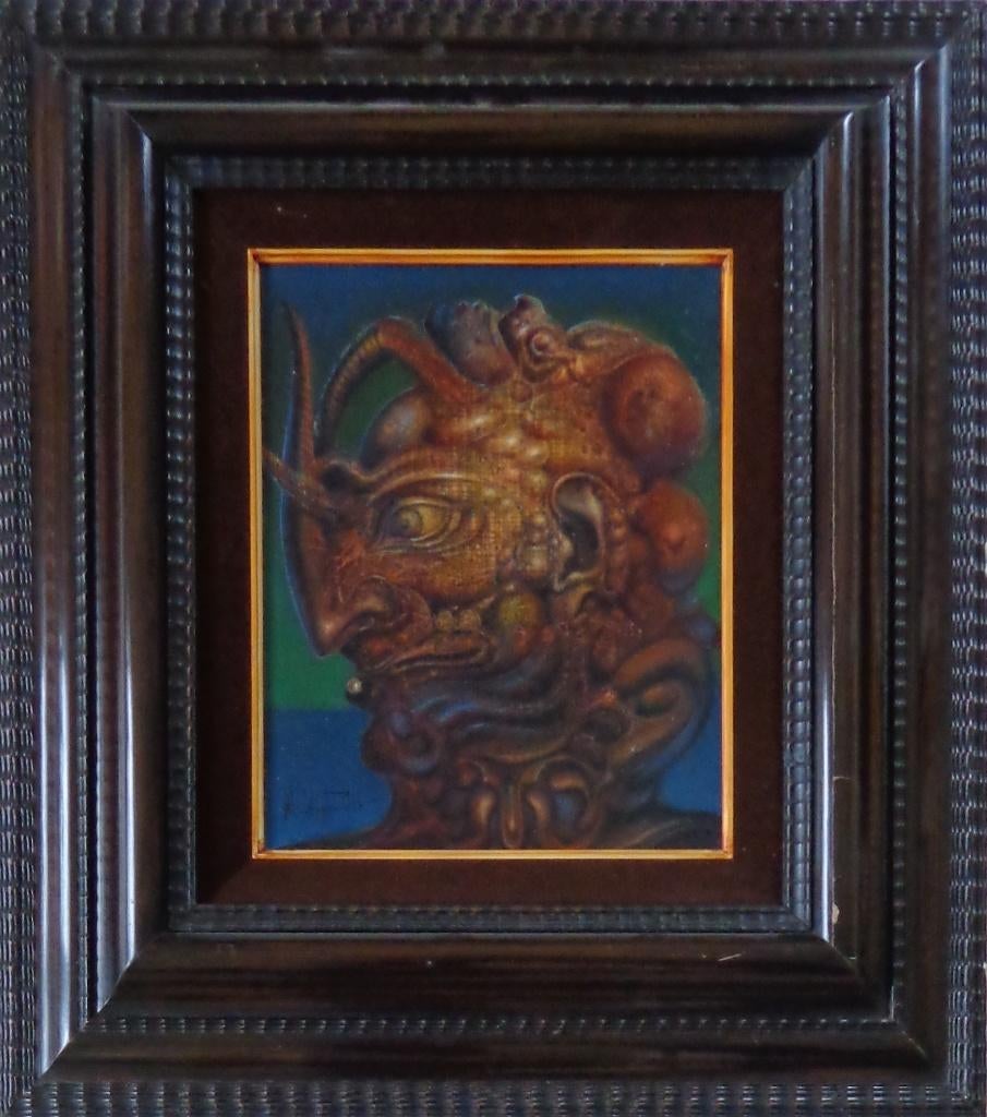 ROGER VAN BELLEGHEM / MYTISCH WEZEN OLIEVERF PANEEL 56x50cm, Ophalen of Verzenden, Gesigneerd, Olieverf