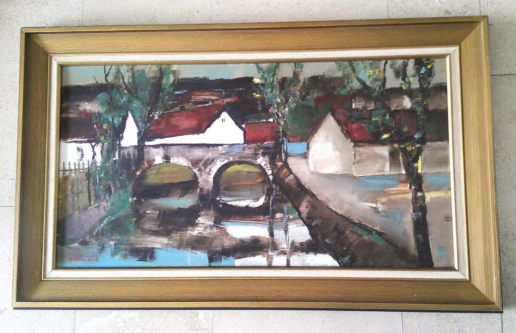 Village avec pont et rivière vers 1960 - signé, Enlèvement ou Envoi