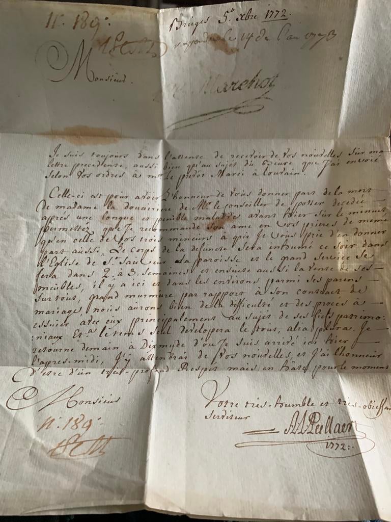 Brief aan kanunnik Antoine in Luik 1772, Ophalen of Verzenden, Brief