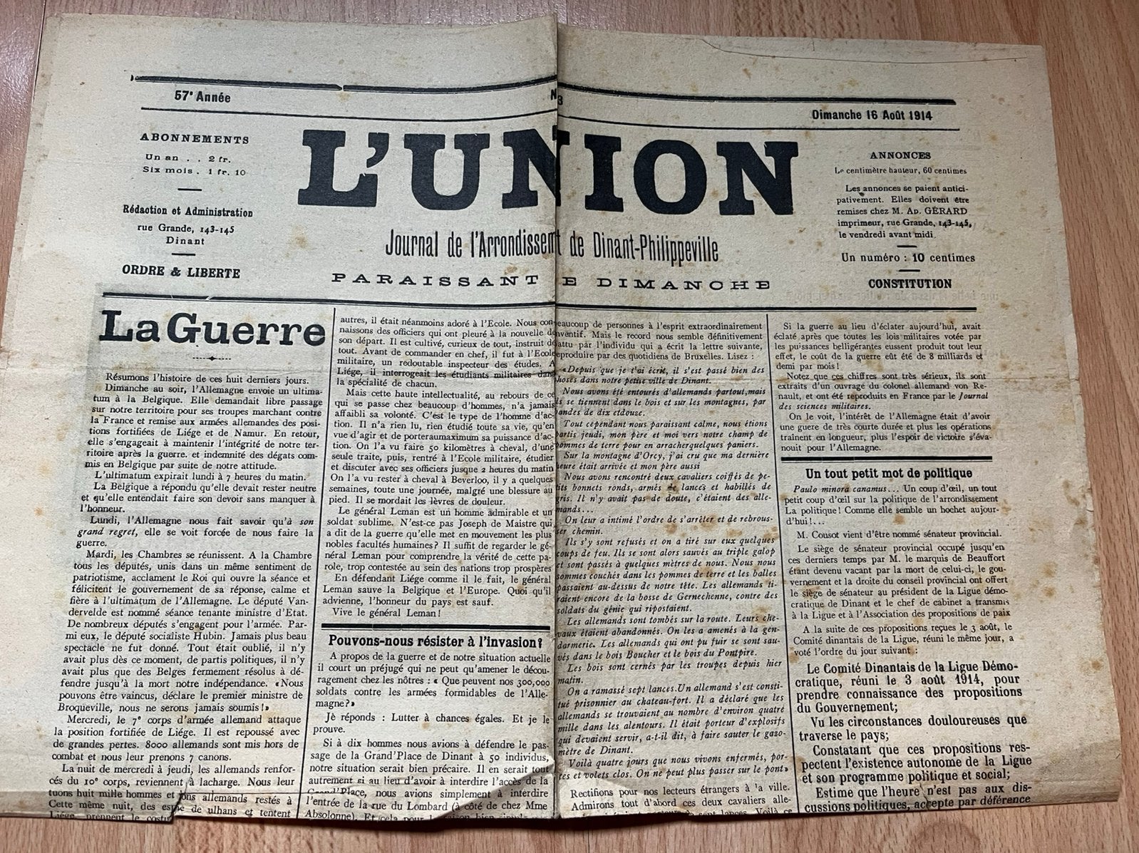 Journal L’Union de l’arrondissement Dinant - Philippeville, Enlèvement, Avant 1920, Journal