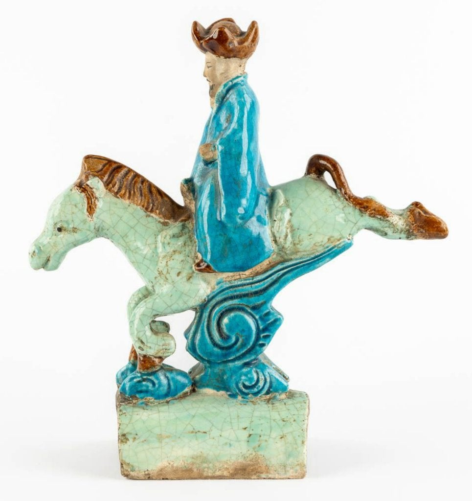 Chinees dak ornament, wijsgeer op paard, geglazuurd keramiek, Steen/keramiek, Overige typen, Ophalen of Verzenden, 35 cm