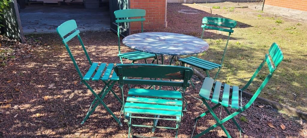 Vintage terras set in ijzer  tafeltje en 5 stoelen, Tuin en Terras, Ophalen
