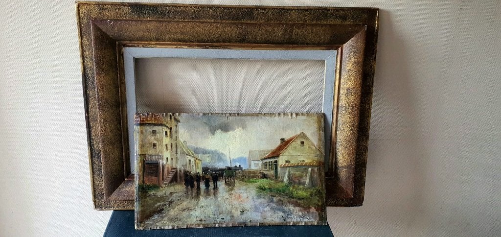 Peinture à l'huile sur panneau vue de village M. Van Cuyck, Antiquités & Art, Peinture à l'huile, Signé, Enlèvement, Paysage urbain / rural