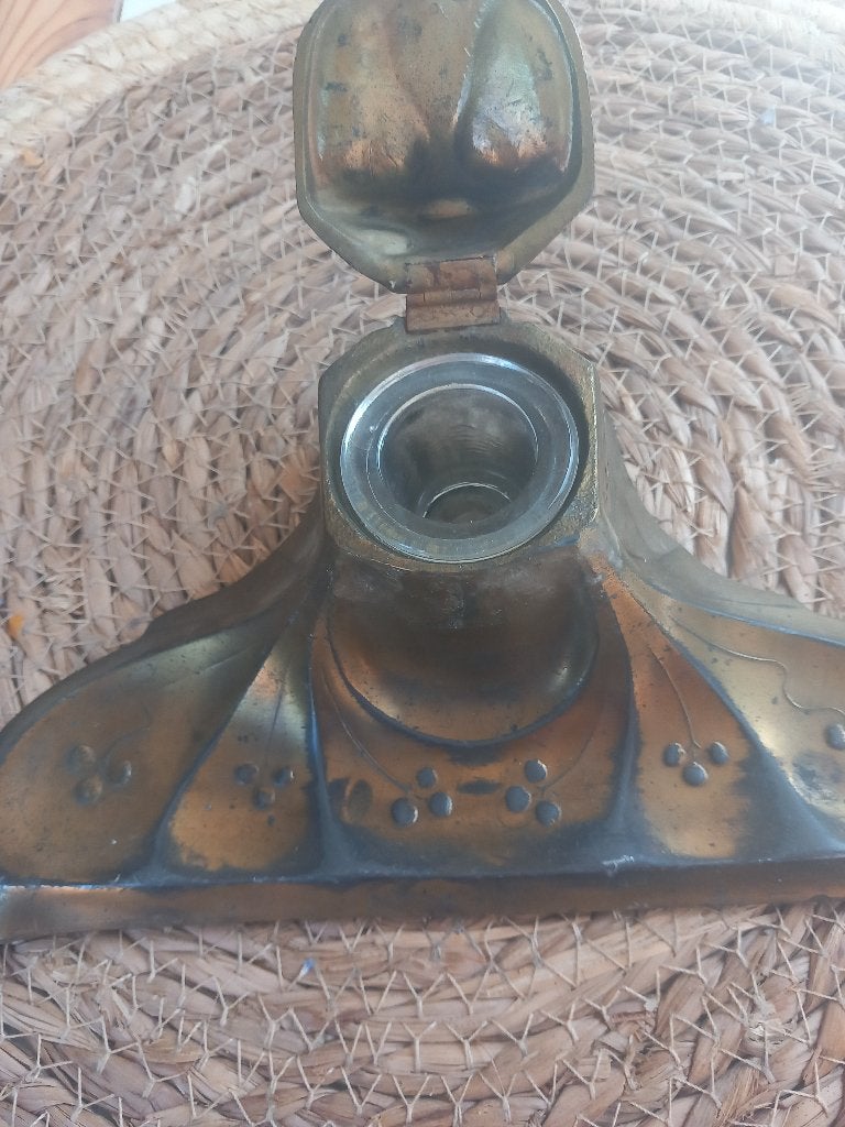 ️ Magnifique Encrier Ancien Art Nouveau – Laiton & Verre, Enlèvement ou Envoi