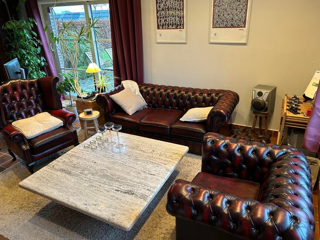 Chesterfield salon oxblood red, English Chesterfield, 150 tot 200 cm, Ophalen of Verzenden, Zo goed als nieuw