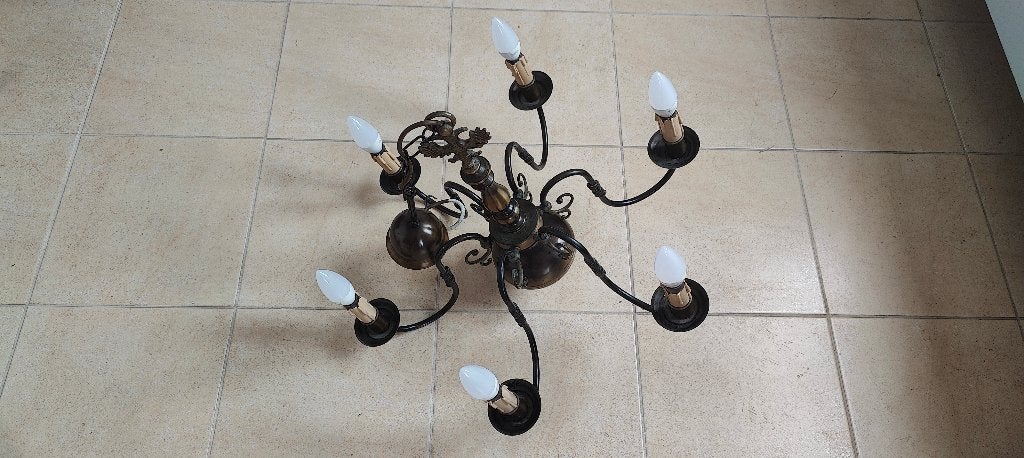 Vintage koperen luster, Huis en Inrichting, Lampen | Kroonluchters, Ophalen, Overige materialen, Gebruikt, E14 (klein)