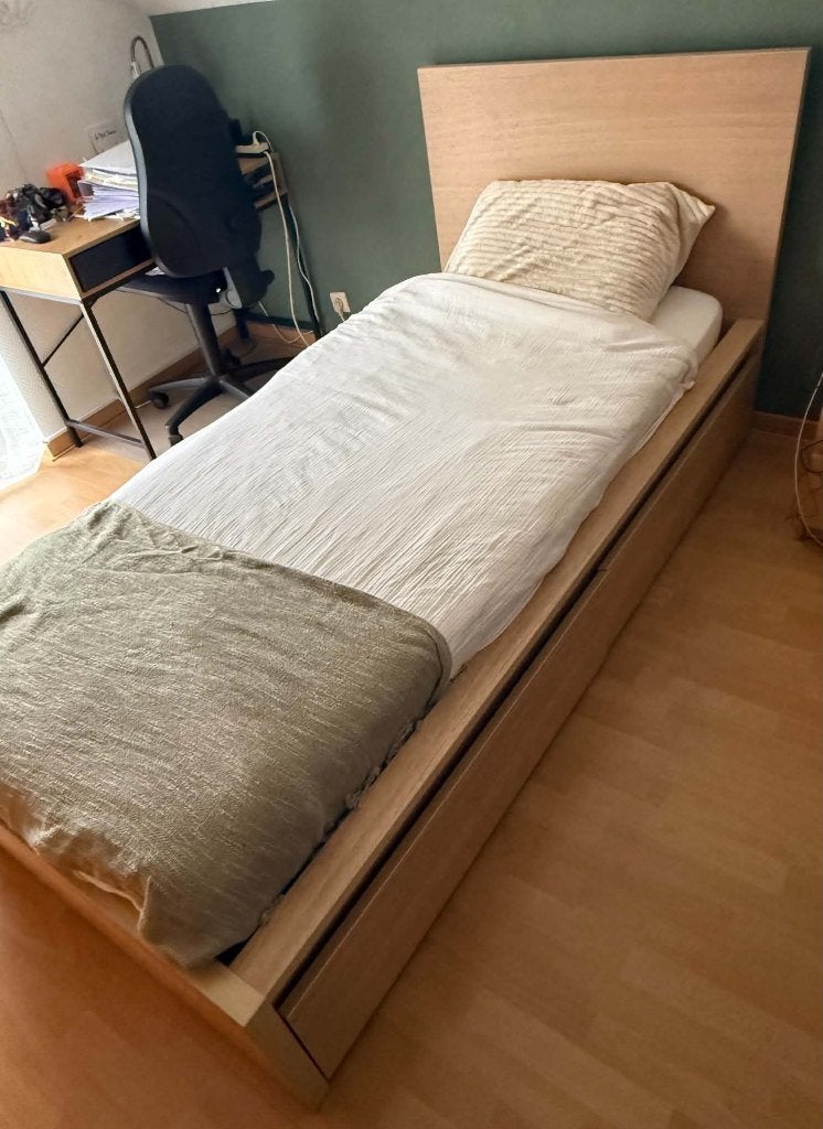 LIT IKEA MALM 90 X 200 CM, Maison & Meubles, 90 cm, Brun, Bois, Une personne