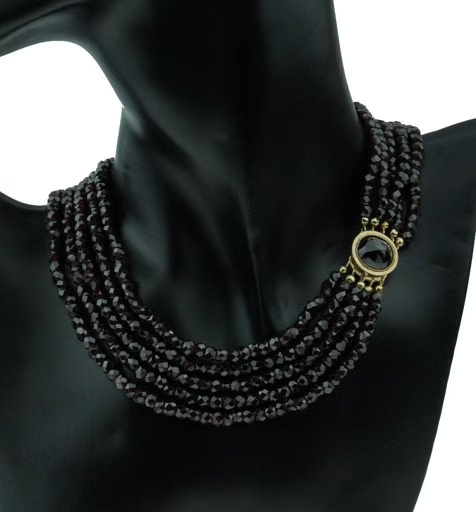 Granaat antieke 5-strengs ketting fraai slot 14k goud dames, Bijoux, Sacs & Beauté, Enlèvement ou Envoi, Or, Comme neuf, Or