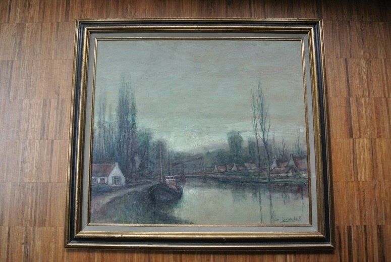 Landschap Moervaart Gustaaf de Lintdecker, Ophalen, Gesigneerd, Landschap, Doek