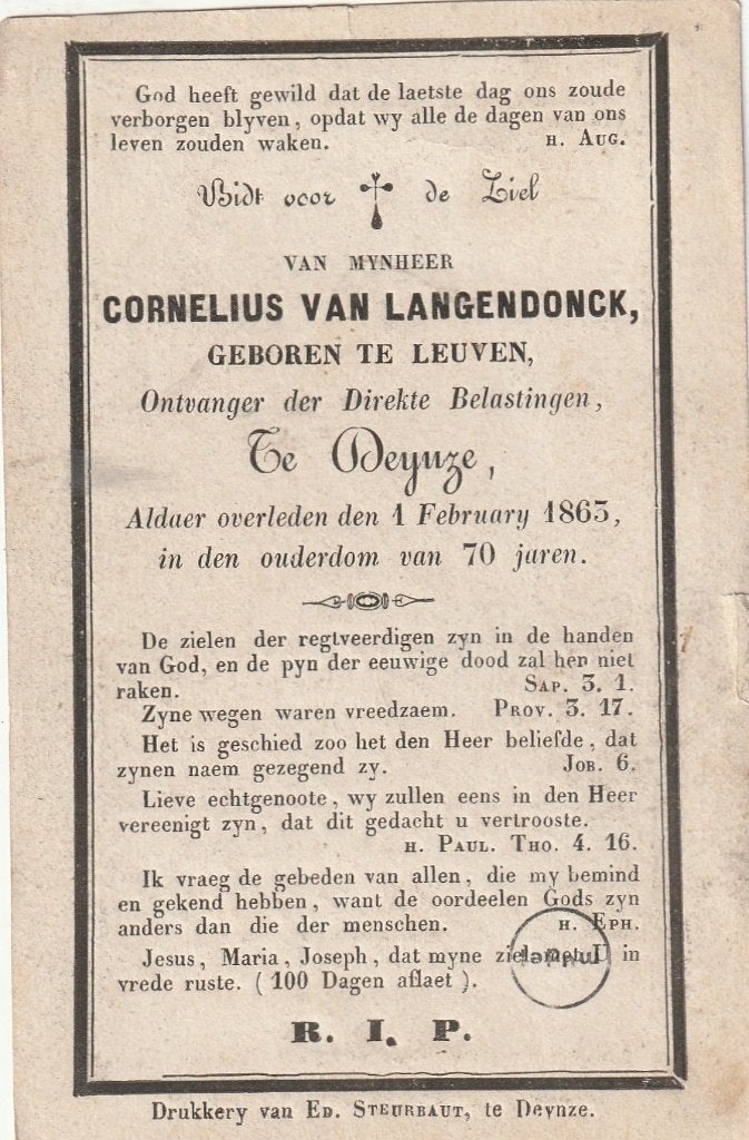 B P 12 / DEINZE VAN LANGENDONCK 1863 - 70 JAREN, Verzamelen, Bidprentjes en Rouwkaarten, Ophalen of Verzenden, Bidprentje
