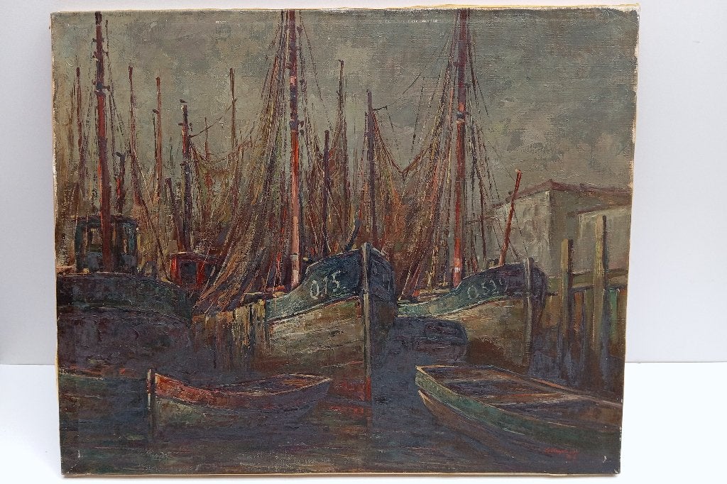 TABLEAU ANCIEN SIGNÉ BATEAUX DE PÊCHE OSTENDE, Enlèvement ou Envoi