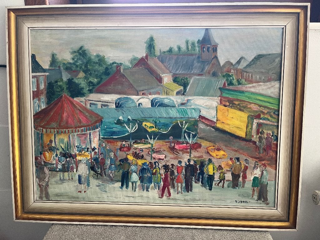 Peinture de Paul Charles RUDALL - Fête foraine de village, Antiquités & Art, Enlèvement, Paysage urbain / rural, Toile, Impressionniste