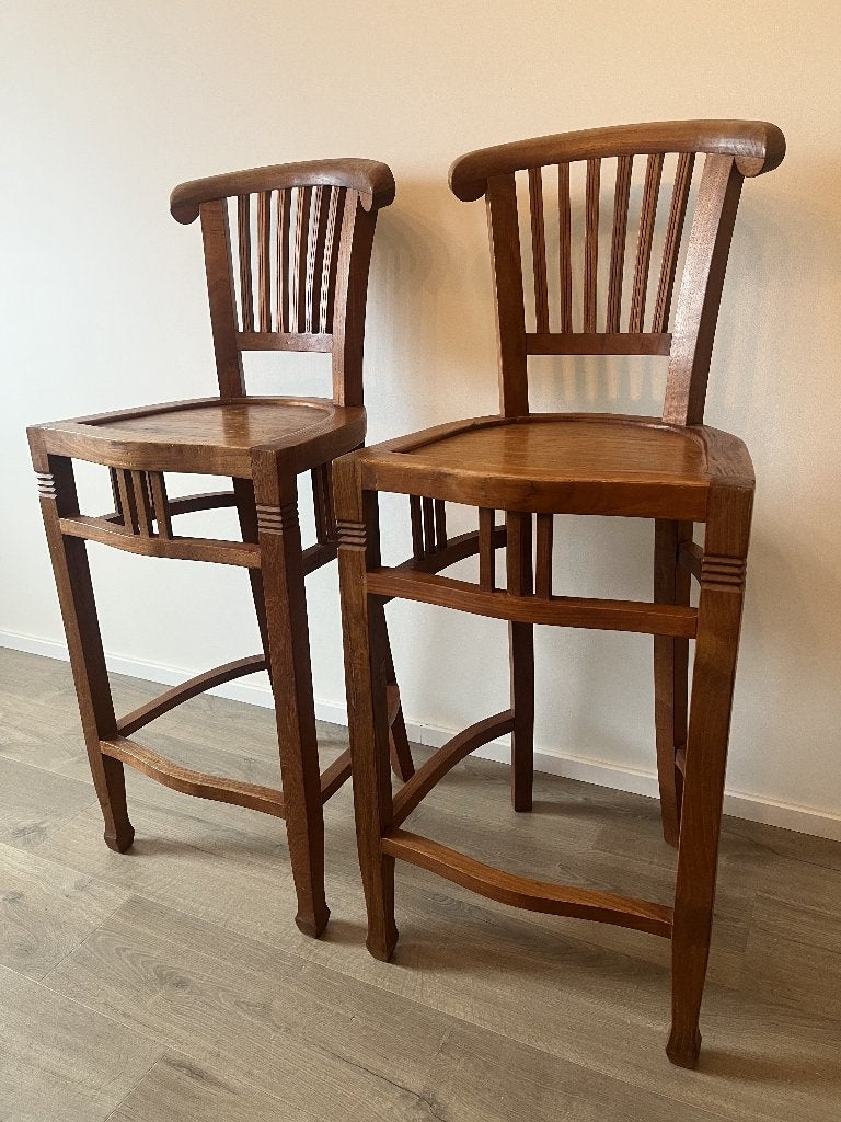 Set van 2 massief teakhouten barstoelen, Huis en Inrichting, Stoelen, Ophalen, Gebruikt, Twee, Bruin
