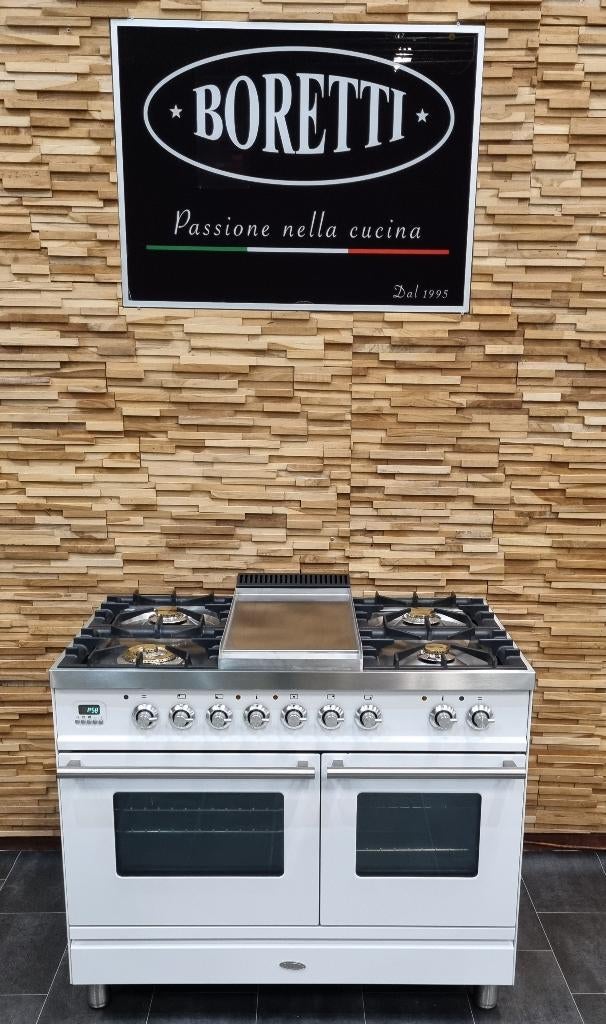 Luxe Boretti Fornuis 100cm wit + rvs 5 pits frytop 2 ovens, Ophalen, 60 cm of meer, Zo goed als nieuw, Energieklasse A of zuiniger