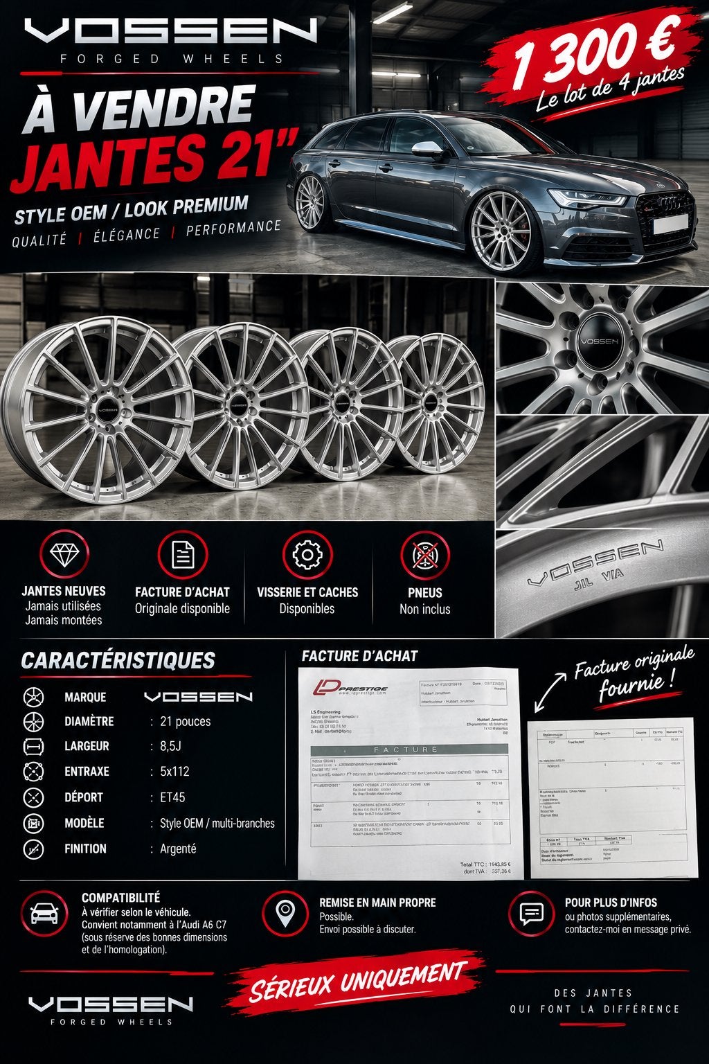 À VENDRE – 4 JANTES 21 POUCES  DE LA MARQUE VOSSEN–1 300 €, Enlèvement, Neuf, Voiture