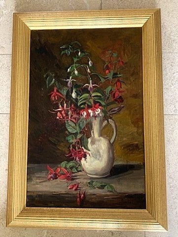 Fuchsia in plateelvaas ca. 1940-1950, Bloemen, Doek, Ophalen of Verzenden, Origineel werk