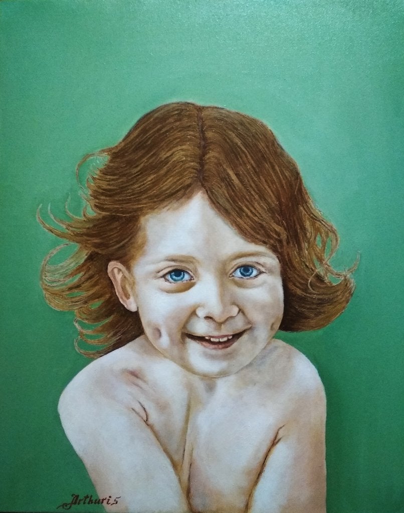 « Le petit soleil », Textile, Peinture à l'huile, Portrait, Sur cadre en bois