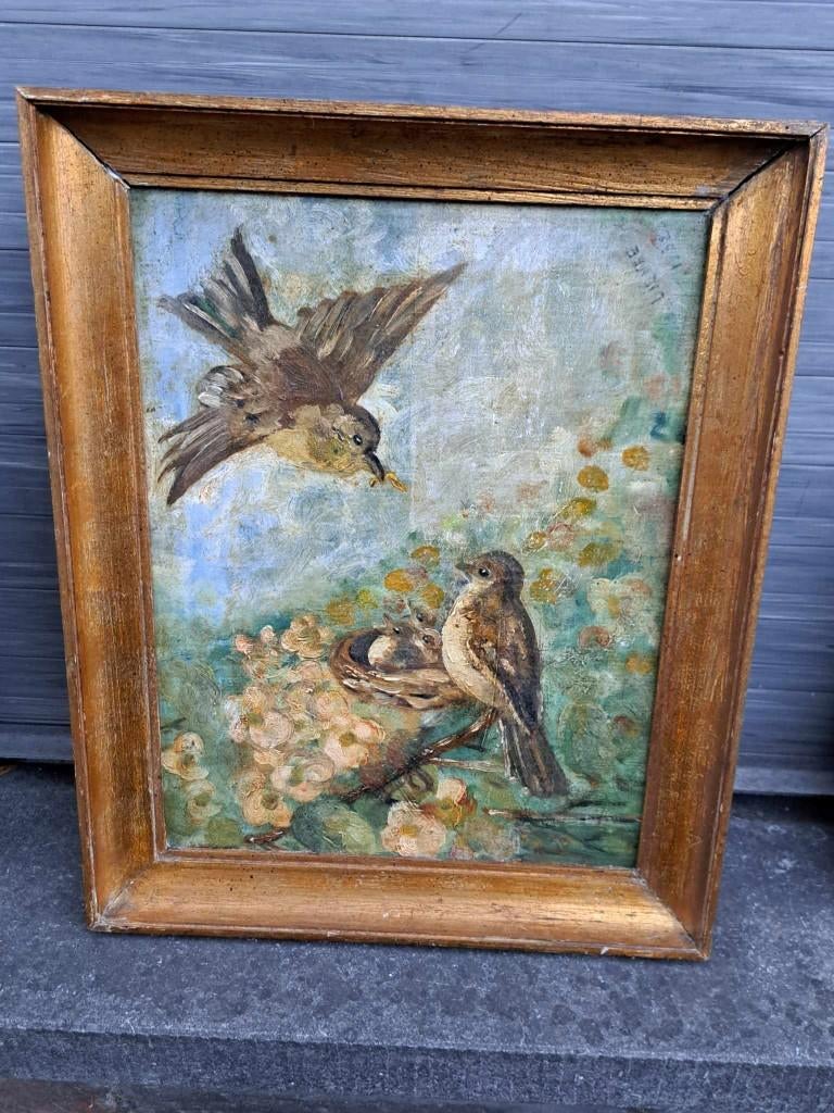 huile sur carton oiseaux signe lievre 1932, Ophalen of Verzenden