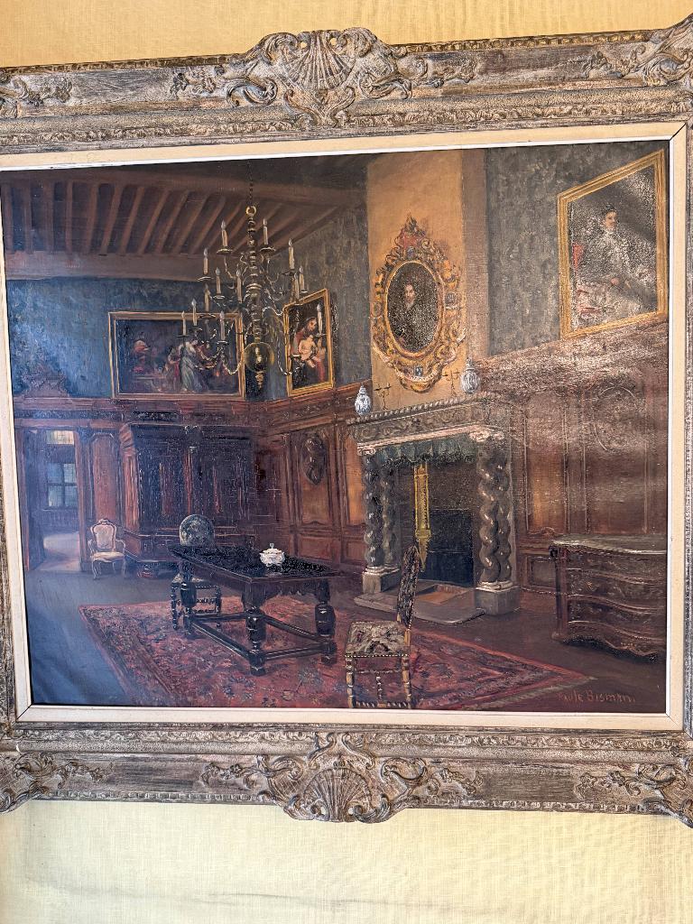 Grand tableau intérieur flamand signé Paule Bisman, Enlèvement