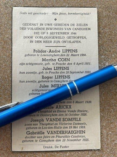 40-45 Negen Burgerslachtoffers KANEGEM 8 September1944, Verzamelen, Bidprentjes en Rouwkaarten, Bidprentje, Ophalen of Verzenden