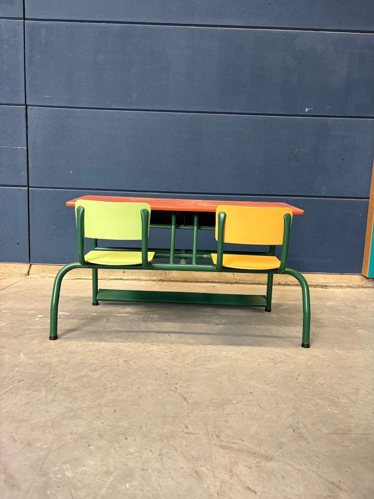 vintage 2 persoons schoolbankje, Huis en Inrichting, Bureaus, Ophalen, Gebruikt, 114 cm, Kinderbureau