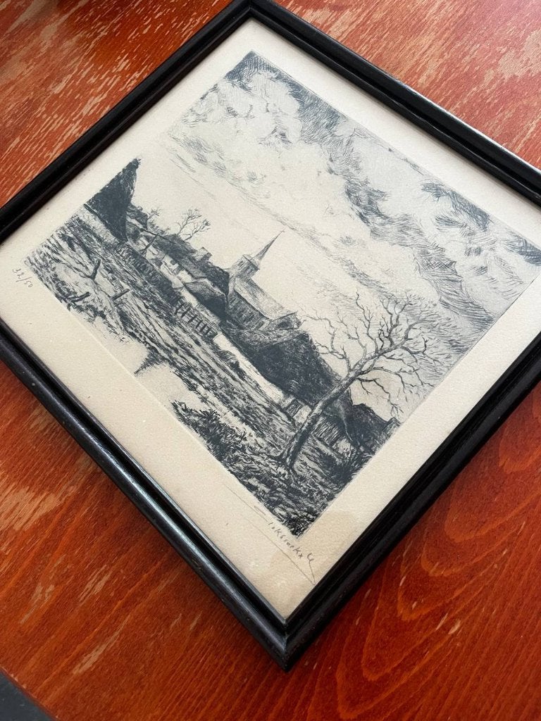 Ets van Vlaams dorpgezicht, Antiek en Kunst, Kunst | Etsen en Gravures, 30 cm, Ets, Ophalen of Verzenden, 32 cm