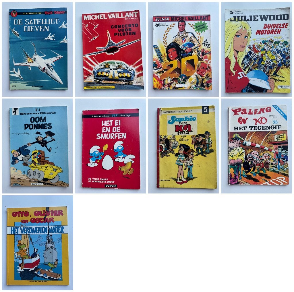 Lot 9 strips: Michel Vaillant, Buck Danny, Smurfen, Meerdere stripboeken, Ophalen of Verzenden, Gelezen