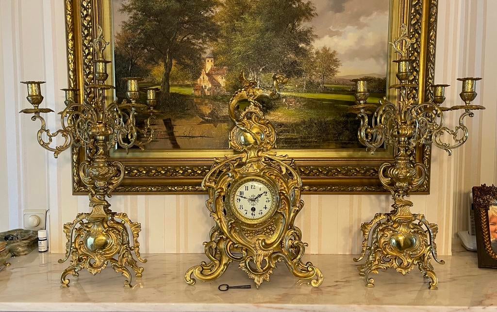 Vergulde bronzen schouwgarnituur, ca 1880, Antiek en Kunst, Antiek | Klokken, Ophalen