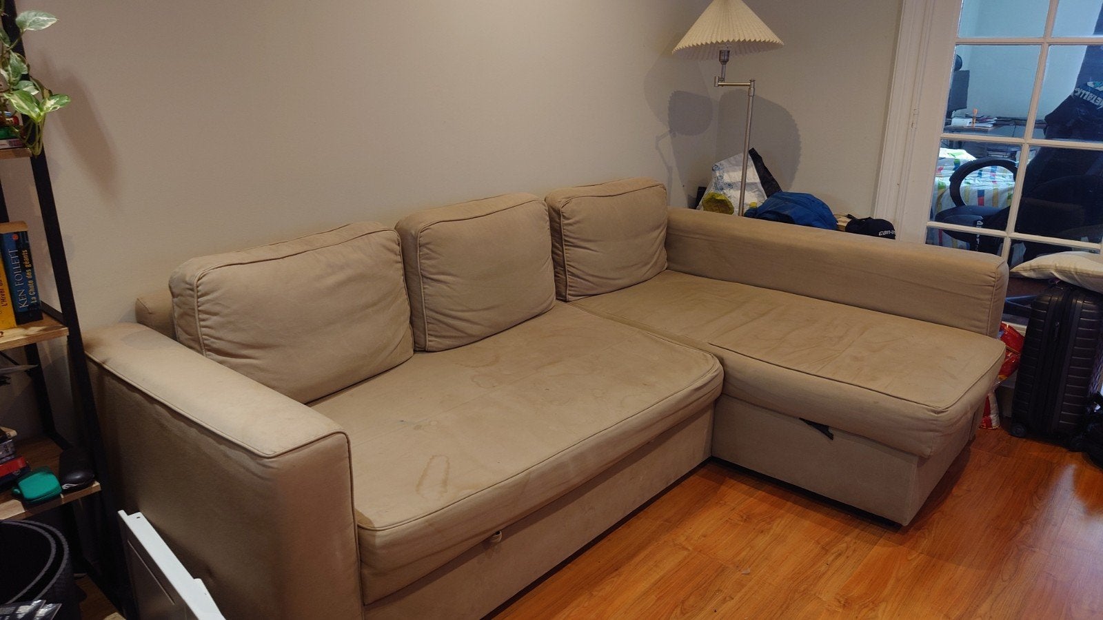 Canapé d'angle beige convertible avec rangement, Maison & Meubles, Enlèvement, Utilisé, Tissus, Clic clac